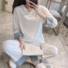 Korean style autumn season long sleeve cotton women pajamas v-neck ladies home sleepwear set